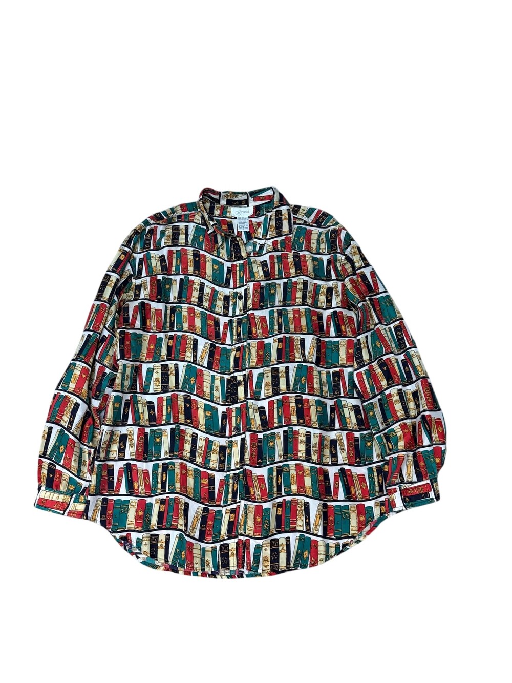 Vintage Harold Shirt Mens Large Multicolor Silk Book Shelf Print Button Front